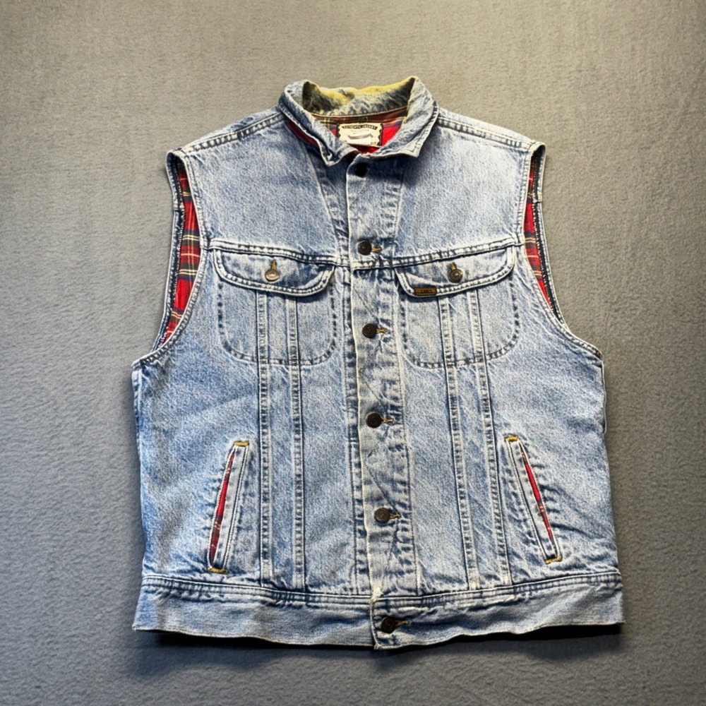 Vintage Lee Denim Vest Medium Light Wash Flannel Lined Plaid Made in USA Mens
